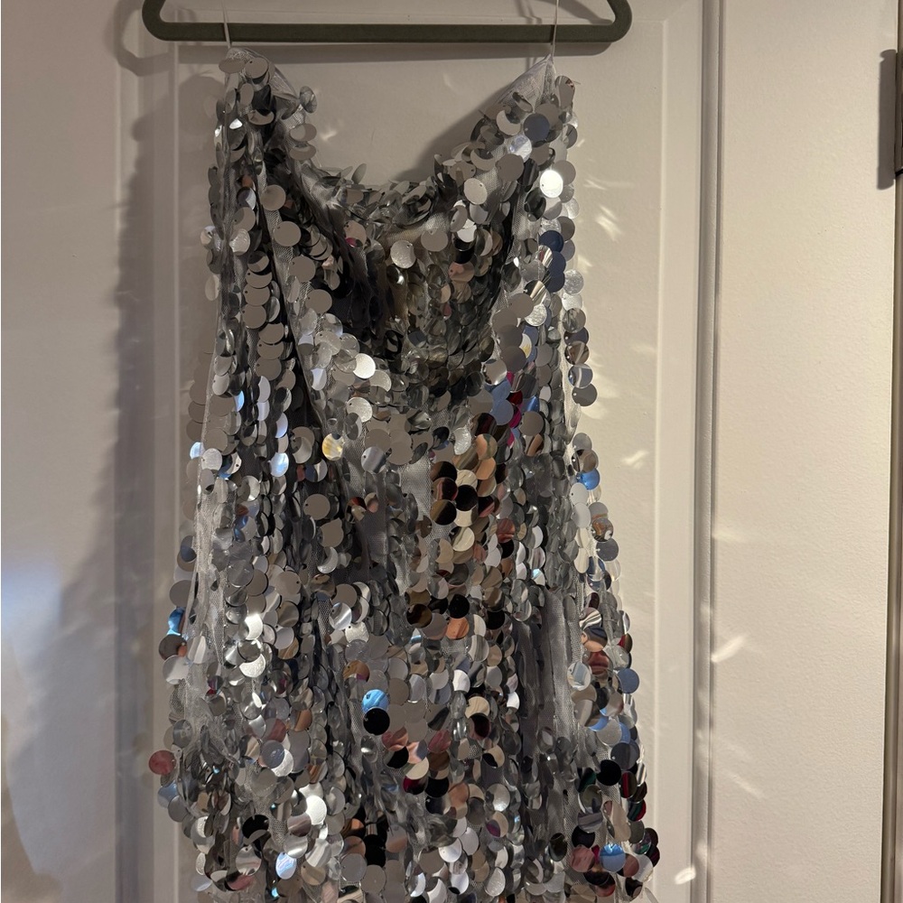 Silver Sequin Strapless Mini Dress - Picture 2 of 5